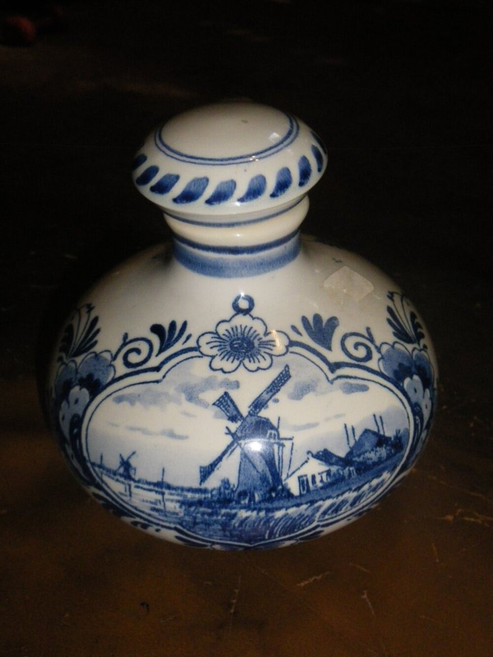 Vintage Small Corked Decanter Zenith Made in Holland Hand Painted Blue & White